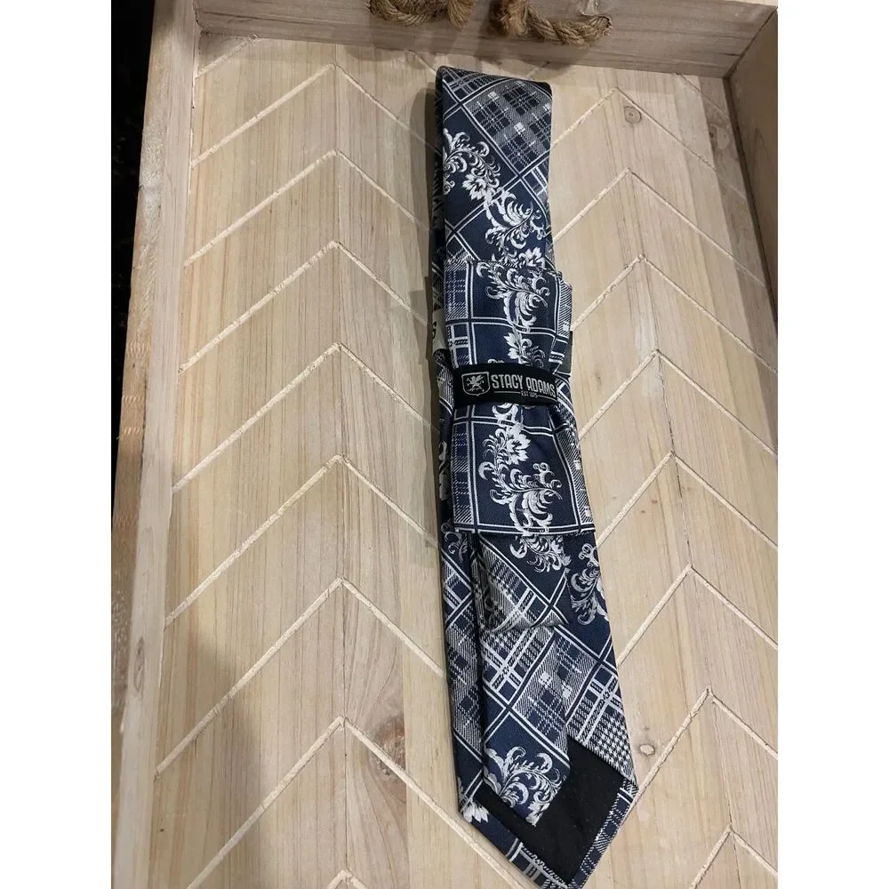 NWT Stacy Adams Tie Navy Blue Silver Gray Plaid Floral Patchwork Formal Men